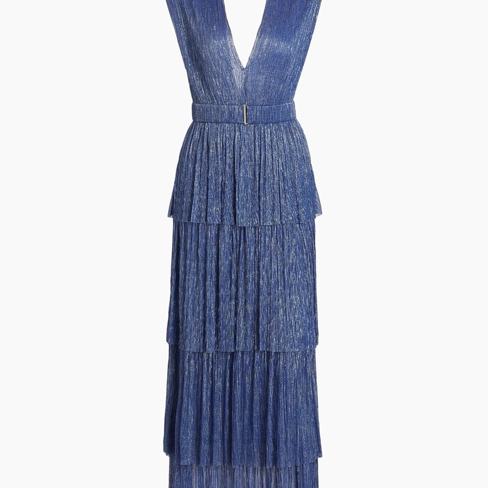 Sabina Musayev Skylar Tiered Belted Metallic Gown